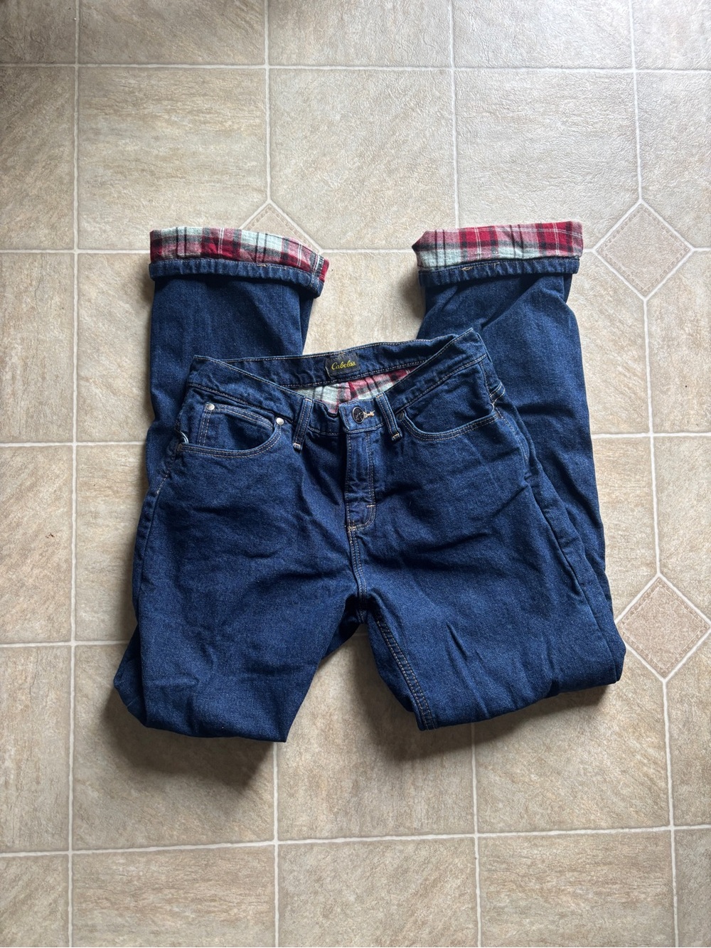 Cabela's Dark Blue Relaxed Jeans with Red Plaid Cuff